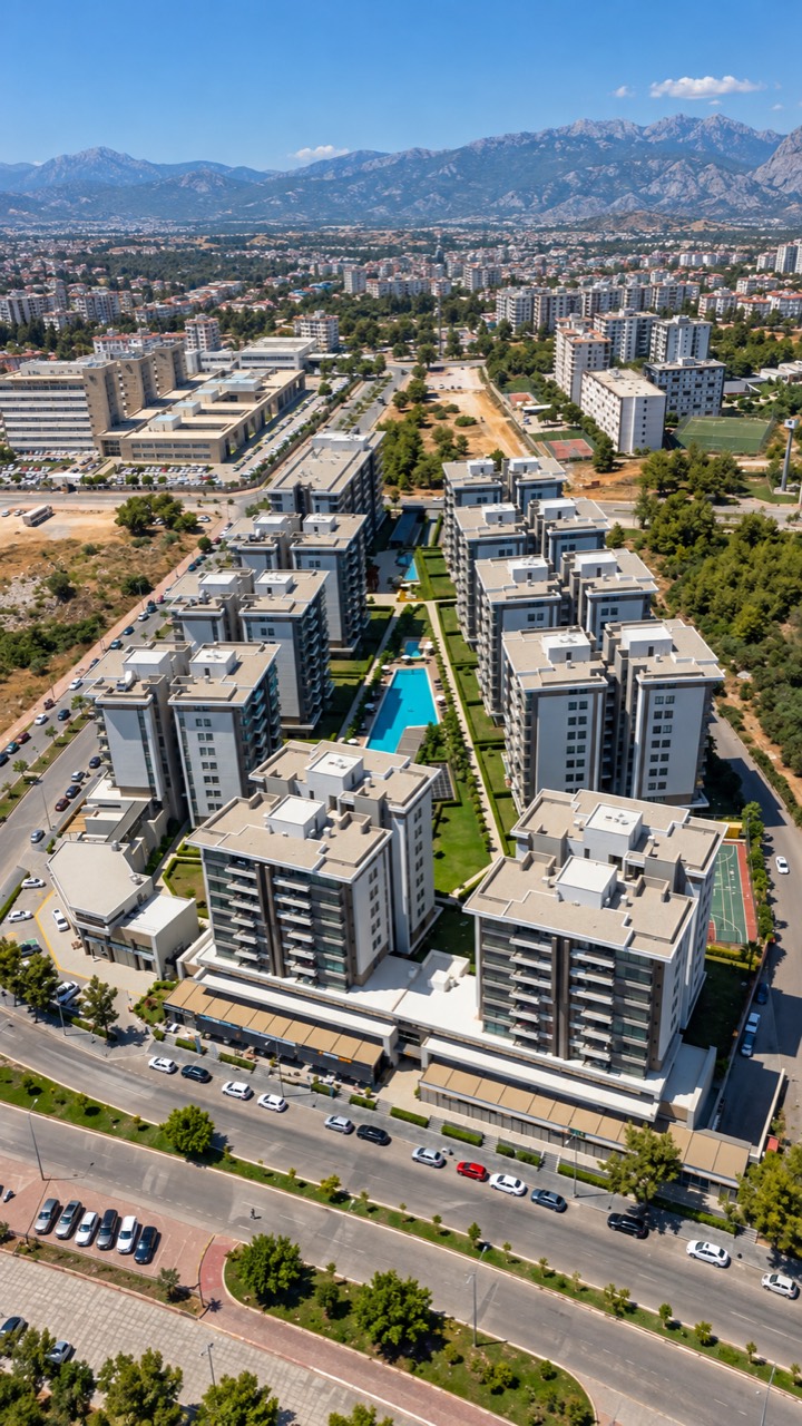 MAX konut blokları, açık havuzlar ve çevresinin havadan görünümü